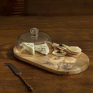 Ellementry Fleur D’or Platter with Glass Cloche for Serving and Organizing, Wooden Platter for Kitchen, Coffee Table & Dining Room Table, Food-Safe Tray for Gifting & Home Décor