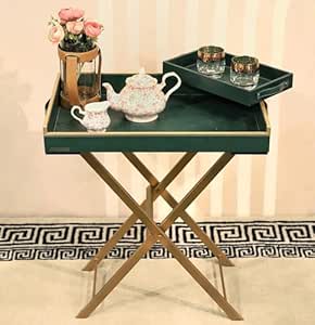 CasaGold: Foldable Leather Table with Metal Stand & Serving Removable Rectangle Leather Top with Handles, Ideal for Serving and Entertaining (Gold)