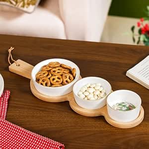 Nestasia Ceramic Serving Platter Set | 3 Small Microwave Safe Snack Bowls with 1 Wooden Tray | 100% Food Safe Tray Set – Perfect for Serving Dips, Dry Fruits & Snacks (Green & White)