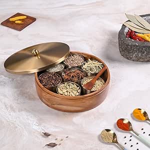 Wooden Masala Box for Kitchen — 7 Stainless Steel Jars with Wooden Spoon | Stainless Steel Brass Lid with Knob | Multipurpose Dry Fruit & Spice Storage – Gold (Plane)