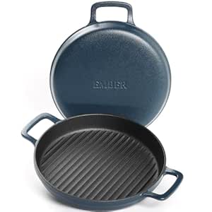 Ember Cookware Pre-Seasoned Cast Iron Grill Pan 26 cm | 10-Year Warranty | Heavy Duty Induction Cookware | Cast Iron Cookware | Non-Toxic Tandoor Grill Pan for Kebab, Vegetables & Sandwich | Blue