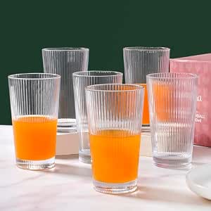 Nestasia Transparent Juice Glasses Set of 6 (300ml Each) – Chip & Scratch Resistant Ribbed Textured Tumblers | Ideal for Water, Juice, Cocktails, Mocktails – Perfect for Gifting