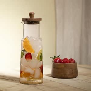 Ellementry Glass Carafe with Wooden Lid – 1L, Clear Glass Pitcher for Hot & Cold Water, Juice, Coffee, Iced Tea, Milk, Cocktail & Wine, Transparent Beverage Server for Dining Table, Kitchen & Parties