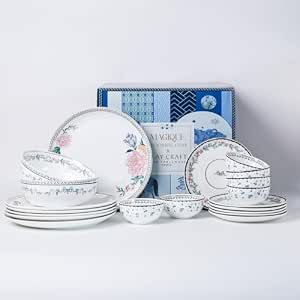 Clay Craft x Magique by The Wishing Chair : Emerald Ribbon 20-Piece Ceramic Dinner Set | Floral Plates & Bowls | Elegant Glossy Finish | Perfect for Family Dinners | Festive Gatherings & Gifting