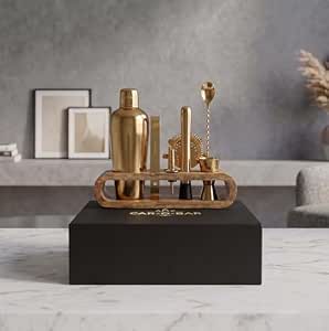 Car-O-Bar Gold Bar Set with Stand |10 pc Bartender kit for Home & Bar: Cocktail Shaker, Bar Spoon, Jigger, Muddler, Strainer, Wine & Beer Bottle Opener, 2 Pour Spouts, Tong, Wooden Stand with Handles