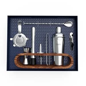 SAKI | Stainless Steel Cocktail Shaker Gift Set with Acacia Wood Stand – 10-Piece, Bartender Kit : Drink Shaker, Spoon, Jigger, Muddler, Strainer, Bottle Opener, Stopper,Pour Spouts, Stirrers, Tongs