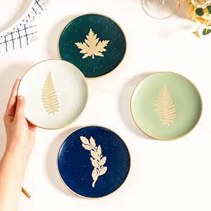 Nestasia Ceramic Round Snack Plate Set of 4 (15cm Each) – Leaf Embossed Small Plates for Serving Snacks & Desserts | Microwave & Dishwasher Safe (Green, Sage Green, Blue & White)