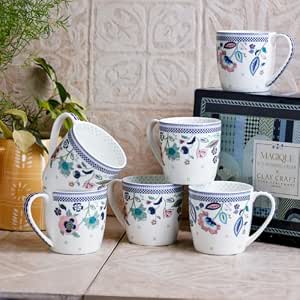 Clay Craft x Magique by The Wishing Chair : Indigo Chintz – Ceramic Mugs | Set of 6 | 180 ml | Elegant Design Mugs for Coffee | Ideal for Gifting | Perfect for Home & Office