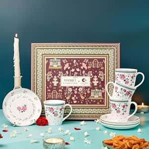 Clay Craft x Magique by The Wishing Chair : Portrait of a Rose – Twilight Bloom Giftbox | Set of 4 Snack Plates and 4 Mugs | Dishwasher Safe | Festive Gifting | GiftBox Packaging