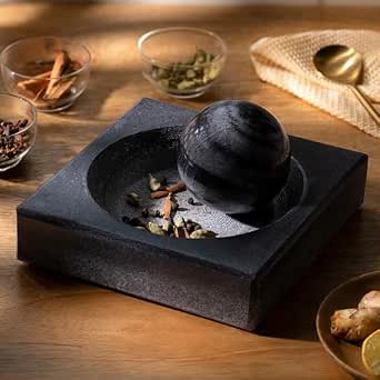 Ellementry Erebus Marble Mortar & Pestle Set, Masher for Spice & Herbs, Natural & Traditional Grinder for Kitchen