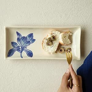 Ellementry Magnolia Ceramic Serving Platter for Serving and Organizing, Platter for Kitchen, Coffee Table & Dining Room Table, Food-Safe Tray for Gifting & Home Decor