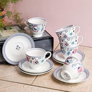 Clay Craft x Magique by The Wishing Chair : Indigo Chintz – Tea Cups & Saucers Set of 6 | 180 ml Fine Ceramic Floral Cups | Elegant Glossy Finish | Ideal for Gifting & Home Use