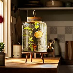 Ellementry Transparent 6.8L Glass Water Iced Drink Dispenser Jar with Tap,Wooden Lid – Cold Beverage Dispenser for Beer, Detox Water, Soda, Lime Juice, Perfect Pitcher for Home, Parties & Events